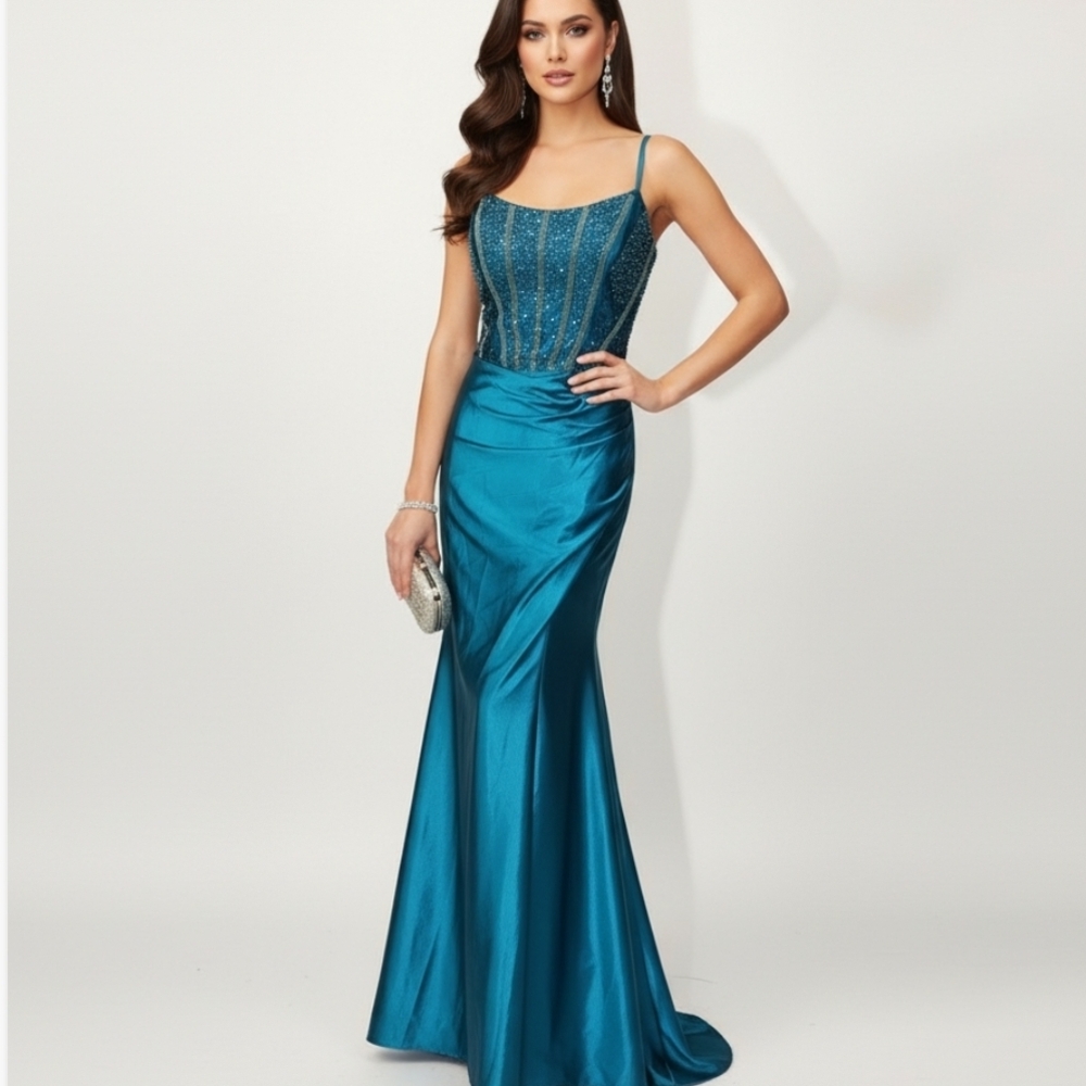 Stunning Peacock Blue Satin Gown - Size 14 - NWT - Perfect for Holiday & Formal